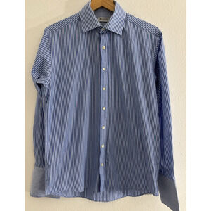 BALMAIN PARIS Blue Striped Button-Up Shirt Woven Long Sleeve Size 15/38